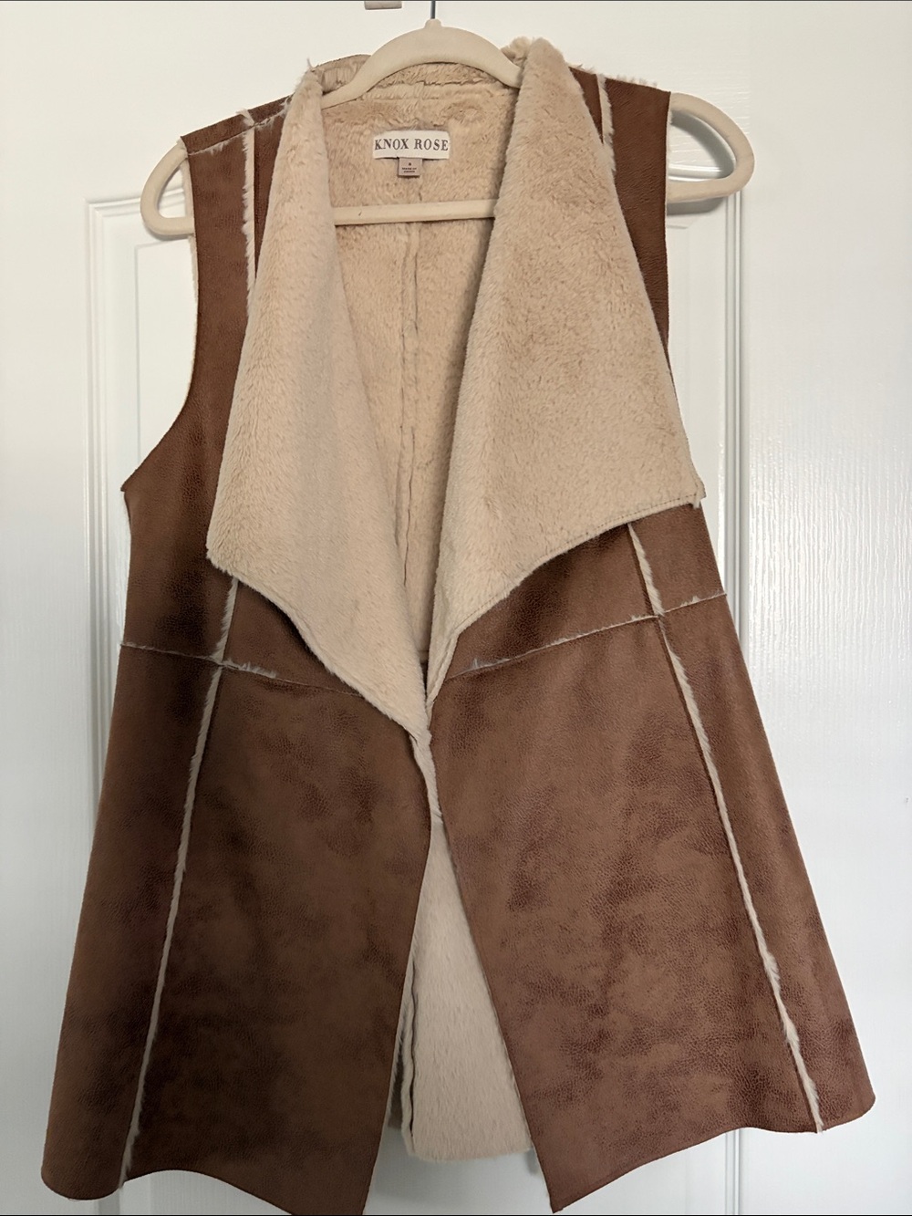 Knox Rose Brown Faux-Shearling Open Front Vest with Cream Lining